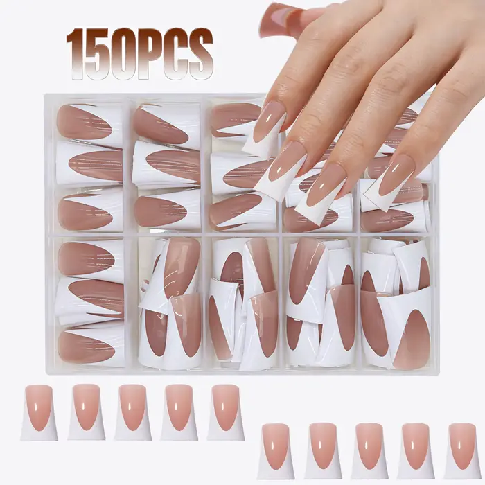 144 pièces de faux ongles, avec design français (rose nude - blanc), forme pied de canard