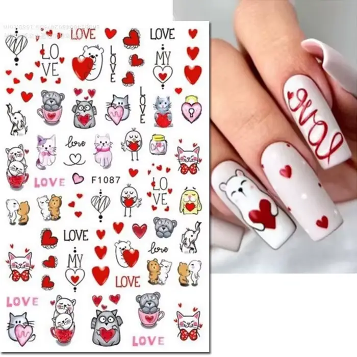 3d Nail Art décalcomanies saint valentin coeurs rouges ballons chats mignons amour lettres autocollants pour ongles Art manucure conseils décorations
