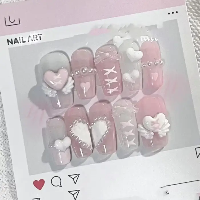 Faux ongles dégradés faits à la main avec nœud d'amour, ailes d'ange douces roses, n64.Staragité, ma