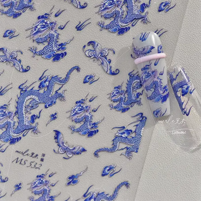 Autocollant pour ongles Dragon en porcelaine bleue et blanche, autocollants de décoration d'ongles r
