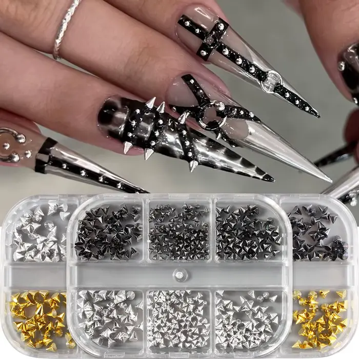 Breloques à Ongles en Forme de Cône D.lique, 6 Grilles, Noir, Argent, 1.5-3.5mm, Punk, Or, Rivet, Po