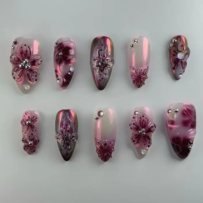 24 pièces doux Cool français faux ongles patchs Vintage Y2k faux ongles 3D cerise conception Nail Ar