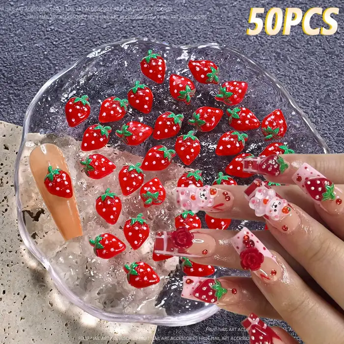 50 pièces 3D mignon fraise Nail Art décorations mode dessin animé Fruits ongles breloques pour Kawaii bricolage coque