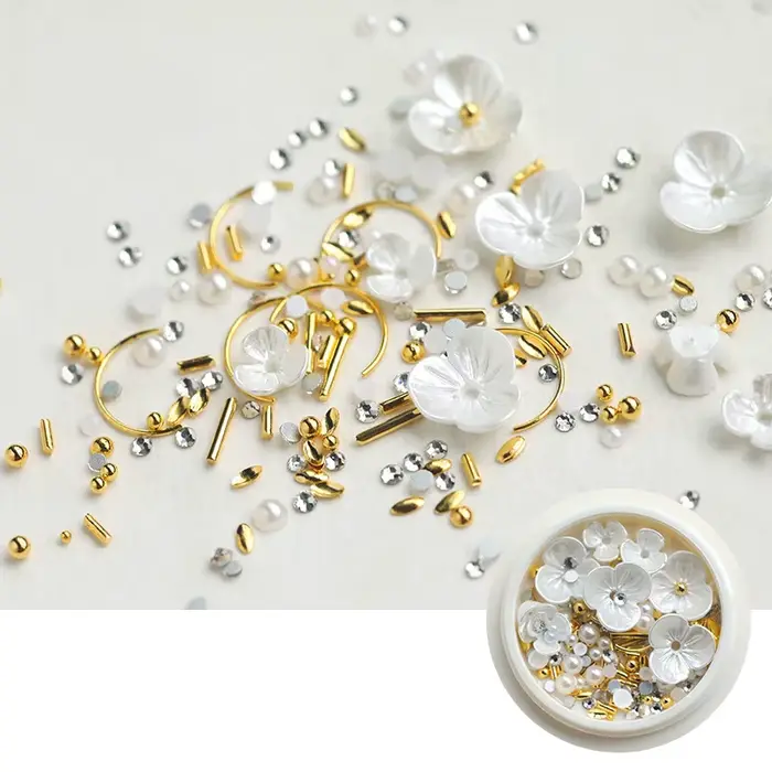 Décorations mixtes pour Nail Art, fleur irisée à cinq pétales, perles en acier, rivets et strass, br