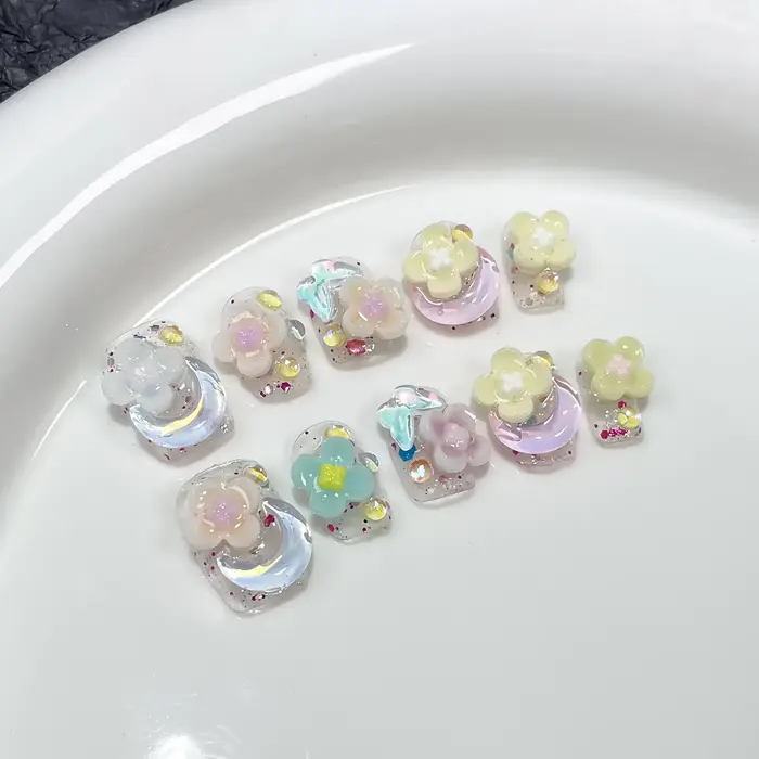 Taille S à la main acrylique presse sur ongles court carré rond faux