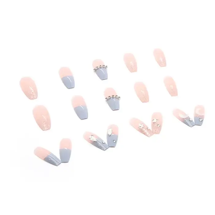 Sel de mer bleu clair 24 pièces presse sur ongles rose dégradé faux