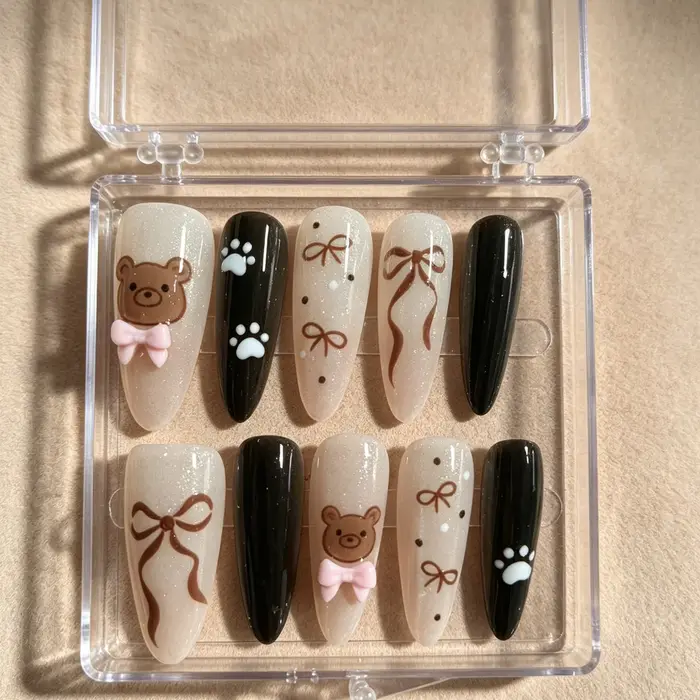 10 faux ongles en forme d'amande pressés à la main, magnifiques faux ongles, jolis ours de dessin an
