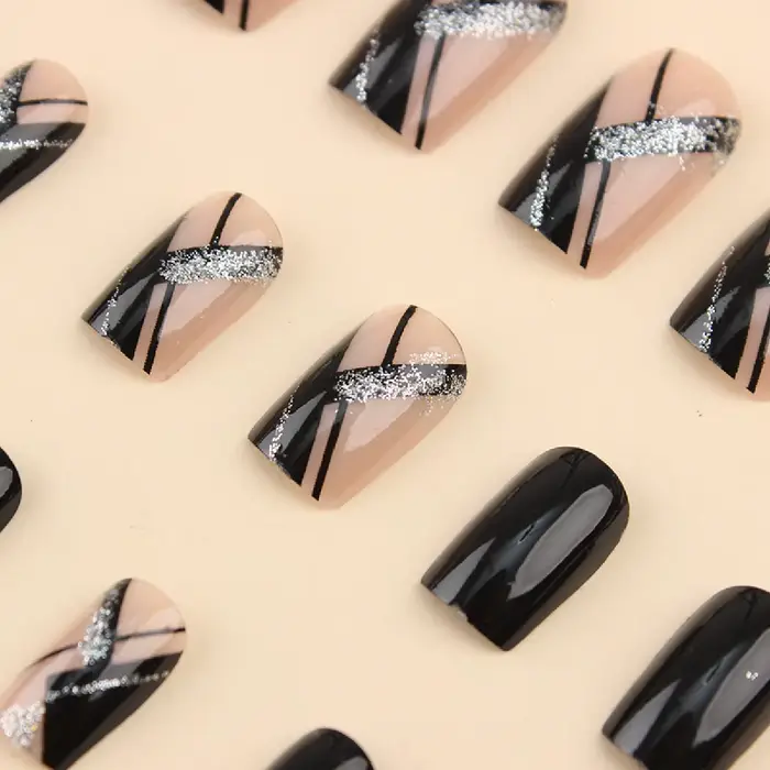 24 pièces carré noir couverture courte presse sur ongles argent rayure faux ongles réutilisable faux