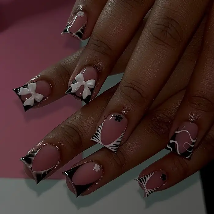 Faux ongles longs à pression pour Ballet, 24 pièces, sangle croisée noire, Style français, avec nœud