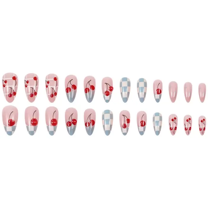 Faux ongles à presser bleus à carreaux style cerise française