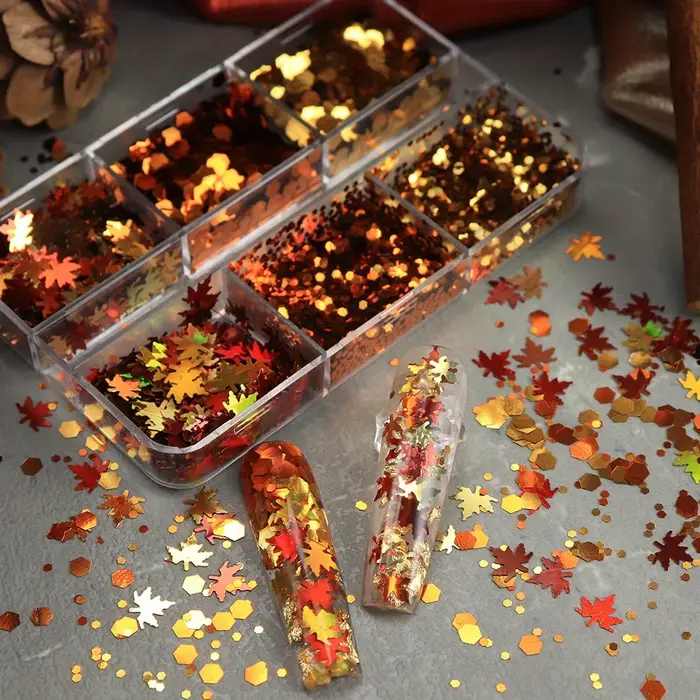 6 compartiments de paillettes pour ongles à thème automne, feuilles dorées, rouges et oranges, pour nail art, décorations DIY, fournitures pour ongles en acrylique et décalcomanies