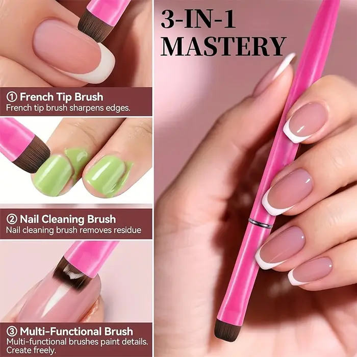 Nouveau pinceau à ongles français 3 en 1, avec tête de brosse multifonction - Pinceau à ongles fin, adapté aux ongles en gel et en acrylique, nettoyage précis