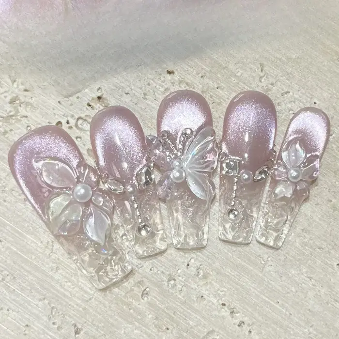 Faux ongles à presser faits main motif fleur de Bauhinia 3D printemps