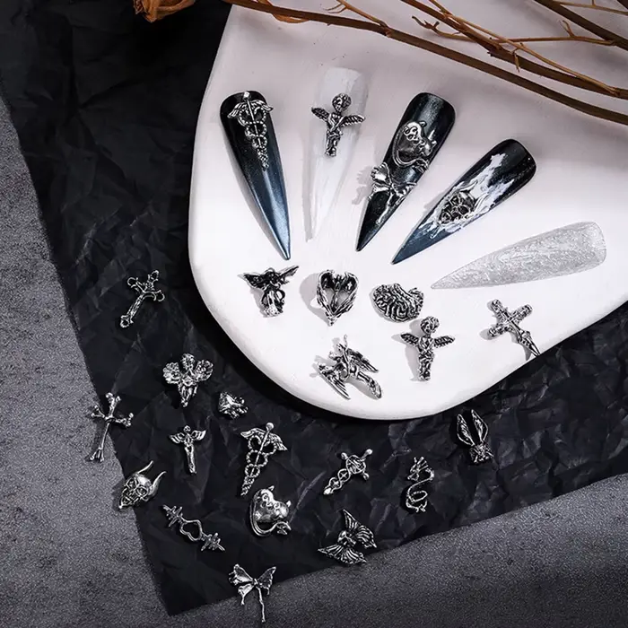 Mélange de styles pour Nail Art d'halloween, breloque croix argentée rétro 3D, décoration d'ongles p