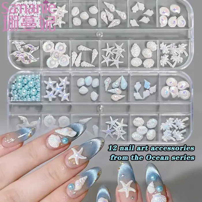 12 compartiments de décorations pour nail art style océan estival