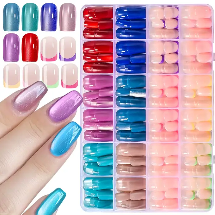 288 faux ongles colorés effet œil de chat et French manucure