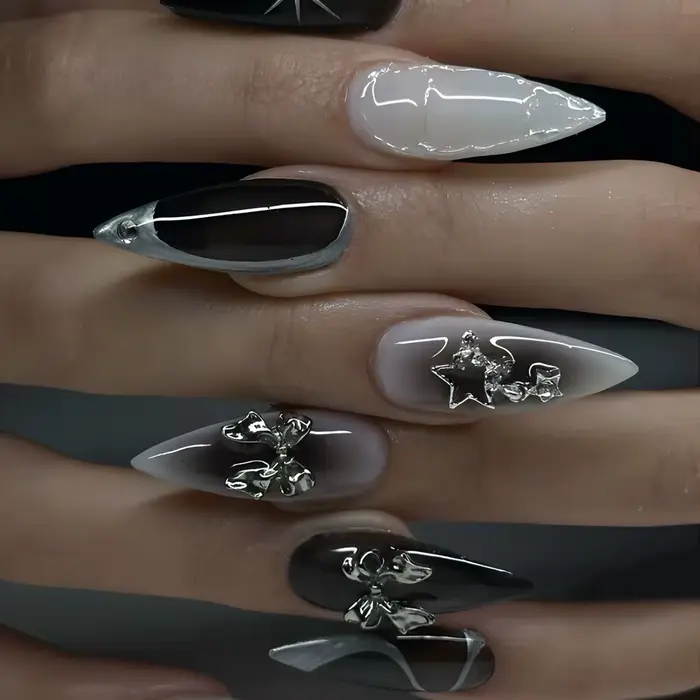 24 pièces presse foncée sur faux ongles avec paillettes noires modèles métalliques 3D doux frais amande