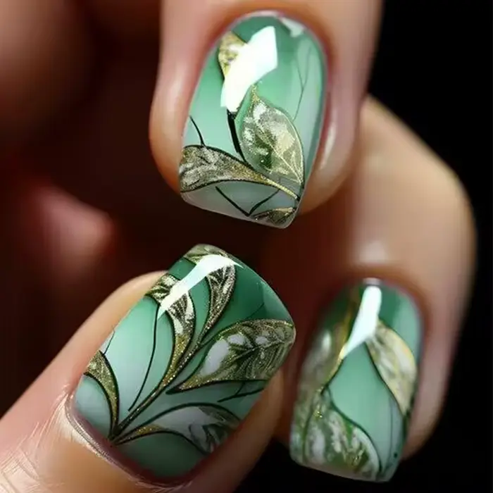 Faux ongles mi-longs pour femmes, dégradé vert brillant, motif feuille scintillante ou goutte d'eau,