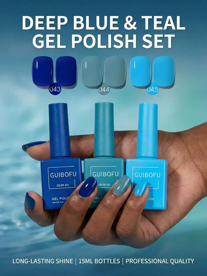 Lot de 3 vernis gel bleu roi 15 ml, bleu ciel, gris denim, manucure Ocean Holiday haute brillance, g