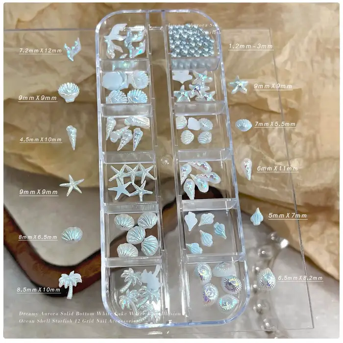 12 grilles de breloques 3D pour ongles, style océan mélangé, en résine bleue (coquillages, étoiles d