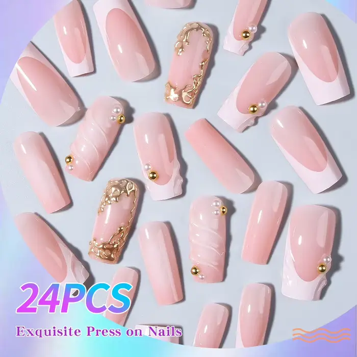24 pièces par ensemble. Faux ongles rectangulaires 3D en gel