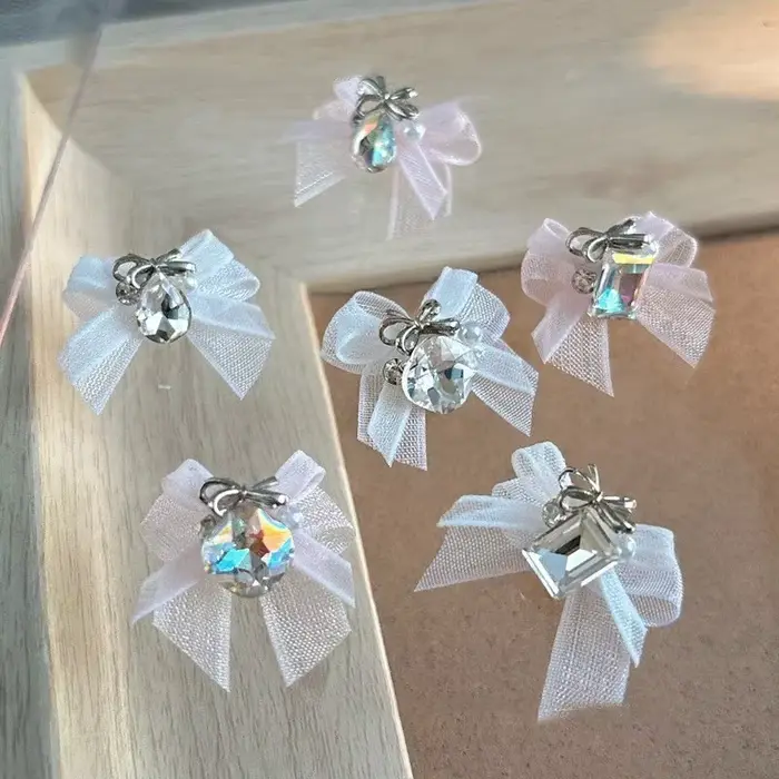 5 pièces 3D Organza arc Nail Art strass accessoires blanc rose arc carré goutte d'eau diamant