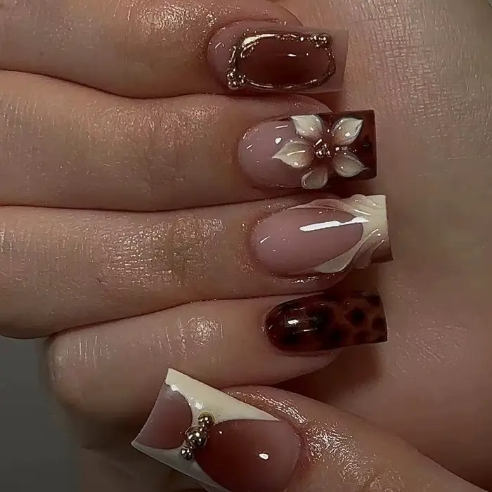Faux ongles carrés moyens 3D pour femmes et filles, design léopard, fleur, nœud papillon, cadre fran
