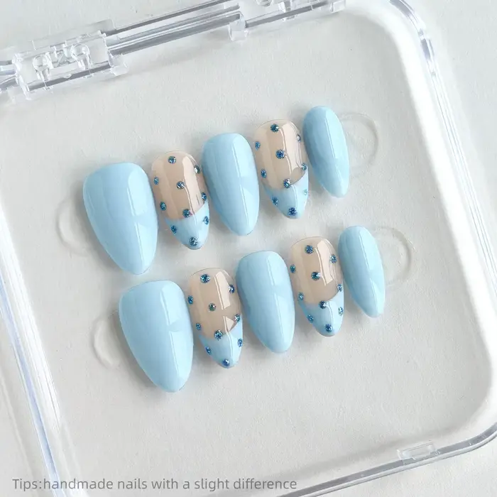10 pièces à la main nu bleu à pois presse française sur les ongles amande portable réutilisable élég