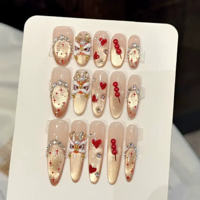 Faux ongles à pression faits à la main, motif Dragon, paillettes dorées, bâtonnets de bonbons 3D de 
