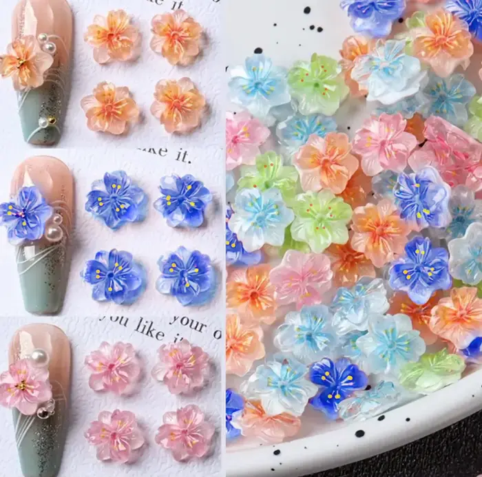 50 pièces 3D mixte dégradé fleur de cerisier breloques pour ongles 11mm cinq pétales fleur Nail Art