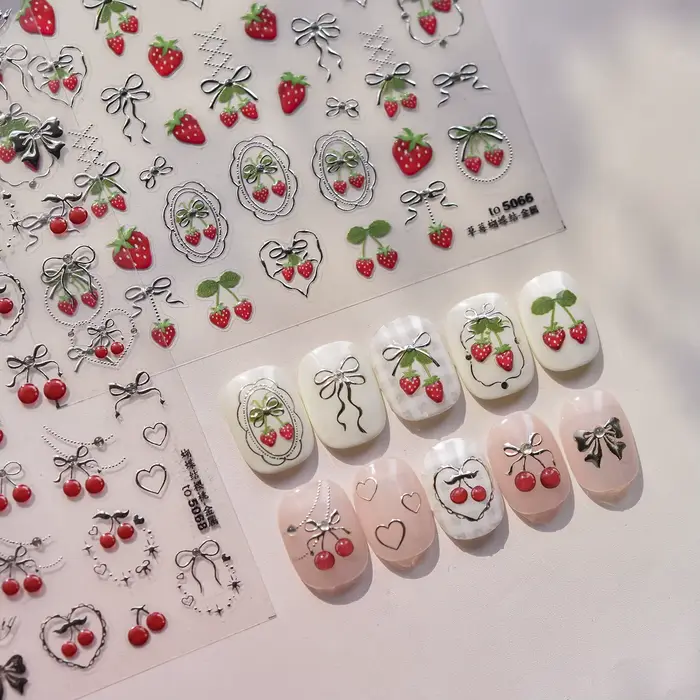 Autocollants pour ongles en métal, arc de fraise douce 5D, or, argent, fraise, cerise, décalcomanies