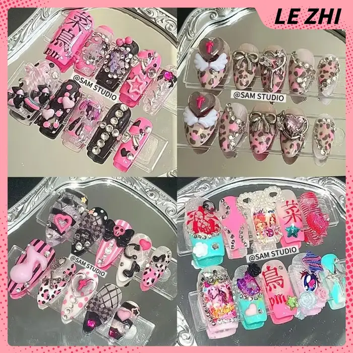 Ongles à presser faits main style Spice Girl Y2K, motif dessin animé, étoiles, diamants, perles, pois roses, notes musicales, imprimé léopard