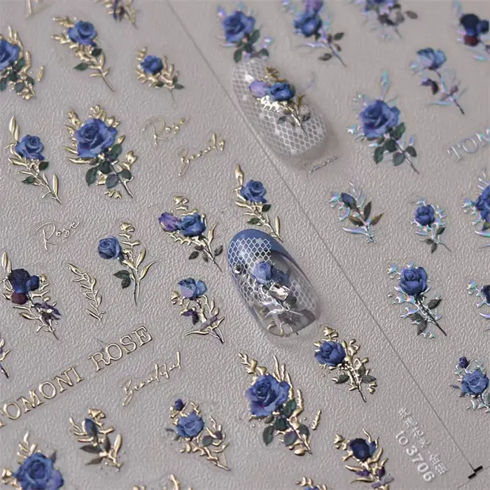 Autocollants pour ongles japonais Vintage, fleur de Rose rouge et bleue, Laser or argent, décalcoman