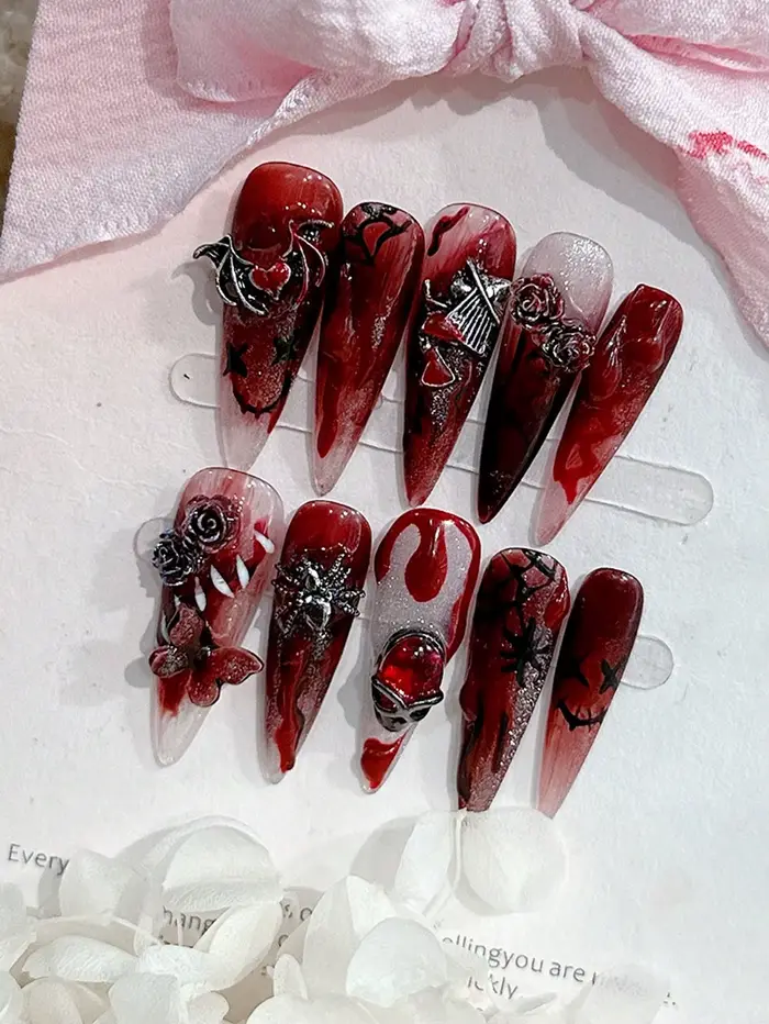 10 pièces ongles faits à la main Goth 10 pièces longs rouge sang Style cyber faux ongles faits à la 