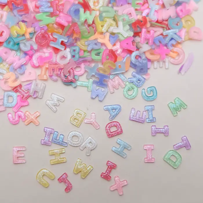 Breloques pour ongles de dessin animé, 26 lettres, transparent sur glace, flash fin, lettre ABC, acc