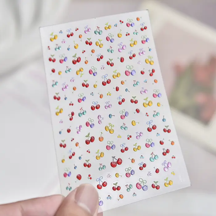 Autocollants pour ongles à thème fruits d'été, motif myrtille cerise nœud peint à la main, transpare