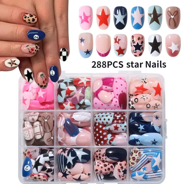 288 pièces (12 mélangés) ongles à huit boules ongles courts ovales imprimé léopard, ongles à pois, o
