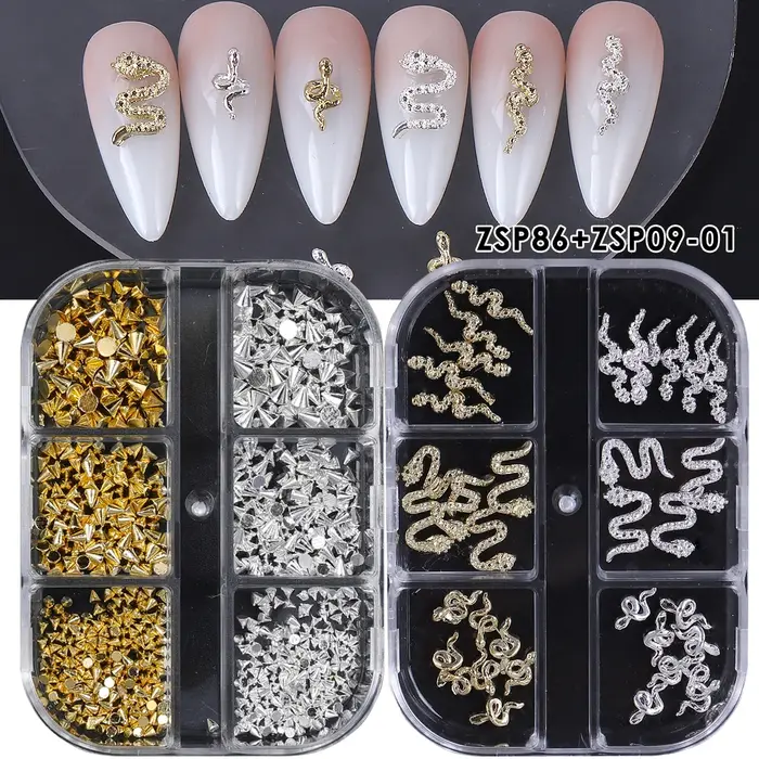 2 boîtes de strass serpent Rivet ongles accessoires Style Punk or argent métal bijoux Cool charme Halloween manucure décor pièces
