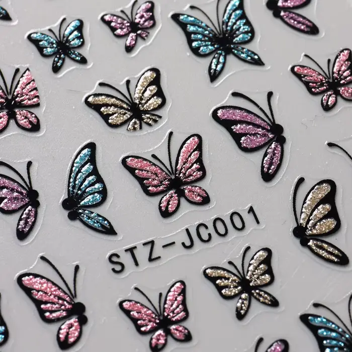 Autocollants pour ongles papillon à paillettes, décalcomanies, breloque 3D, Design bleu brillant ros
