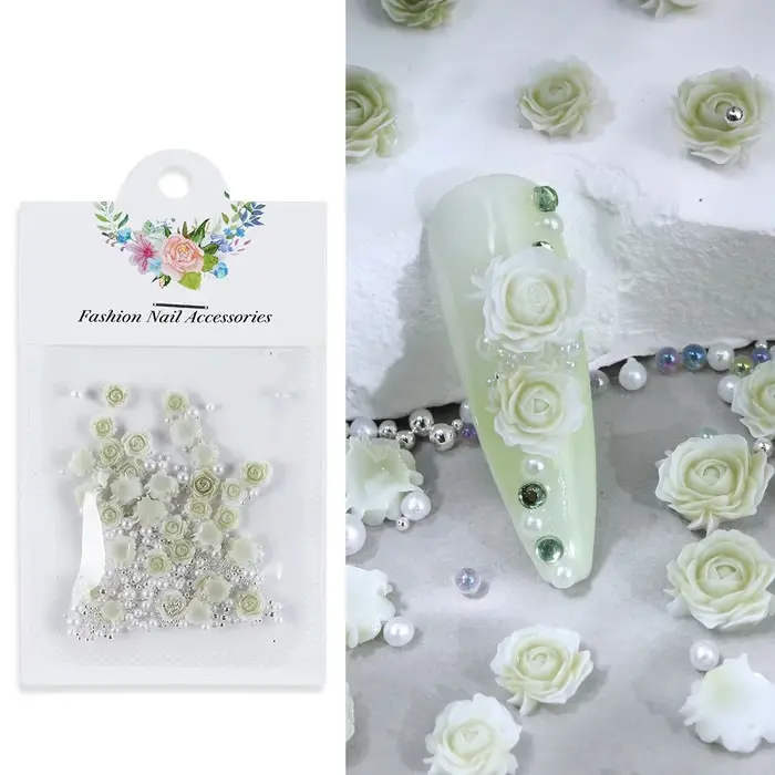 30 pièces Rose Rose fleur 3D ongles strass décoration ongles bijoux coloré mixte perle perles breloques saint valentin Nail Arts approvisionnement