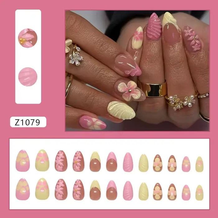 Faux ongles à presser Amande, dégradé rose crème, motif fleur de glace 3D, brillants, effet peau écl