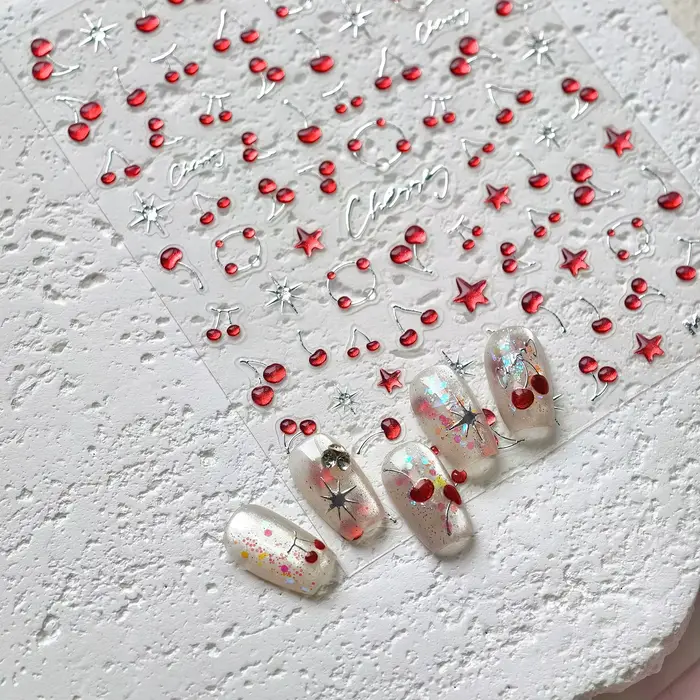 Autocollants 3D cerise mignons pour Nail Art