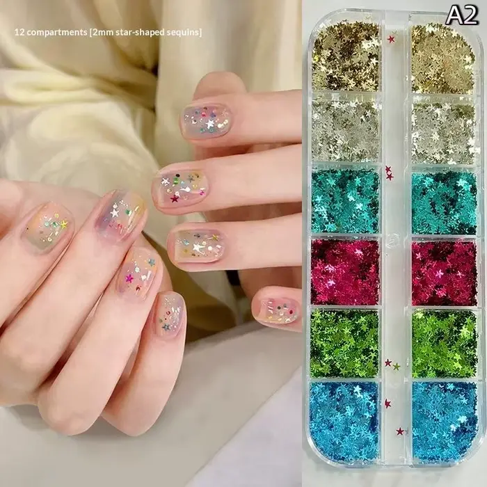 【12Grids Star Sequin Five-pointed Star Colorful Nail Art Charm Sparkle 3D Nail Rivet Nail Decor DIY