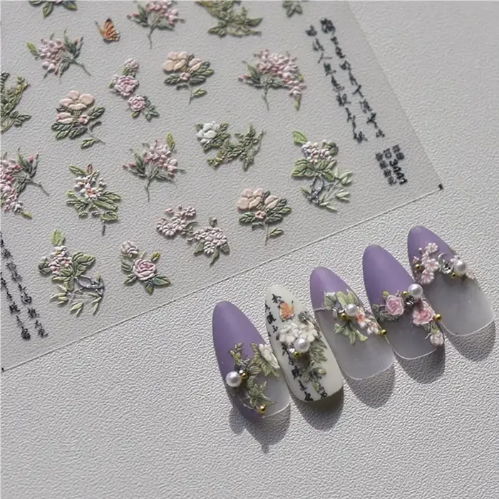 Autocollants 5D japonais en relief pour Nail Art, 1 pièce, pétale rose, fleur rétro élégante, transf