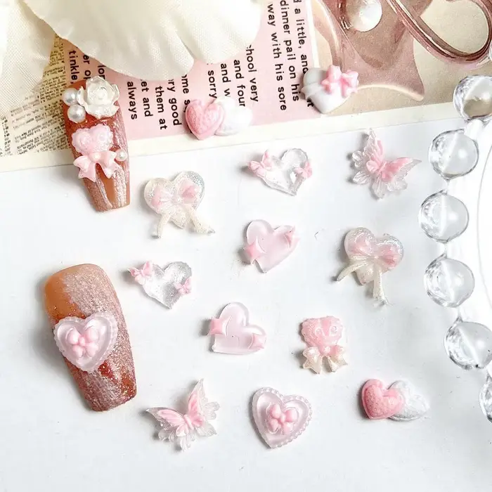 Breloques pour ongles en résine, nouvelle série rose, nœud en forme de cœur, 3D, lumineux, Double pa
