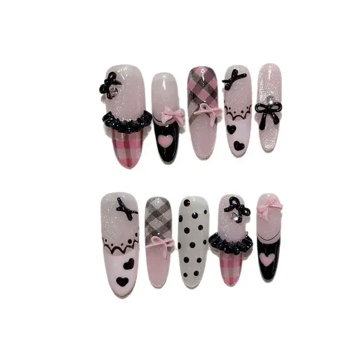Noir rose doux français amande presse à la main sur les ongles grille à pois amour jupe Ballet faux