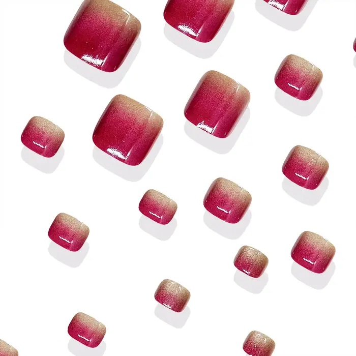 24 faux ongles de pieds effet œil de chat dégradé rose rouge
