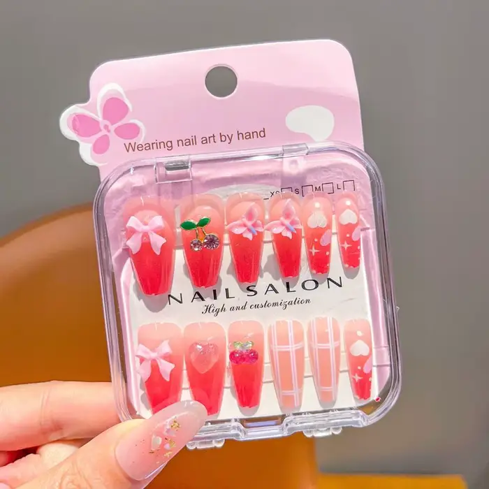 Nouveaux autocollants pour ongles longs en forme de cerise et de cœur