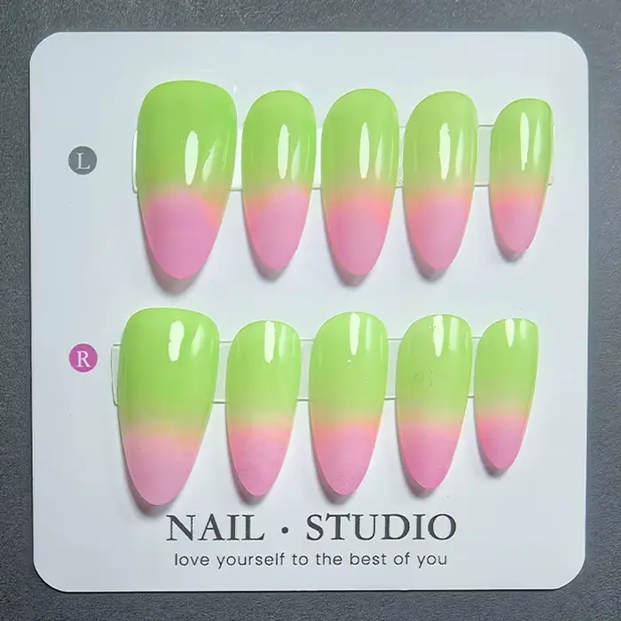 10 faux ongles en amande faits à la main, dégradé rose guava, en acrylique, brillants, pour manucure en gel, pour femmes