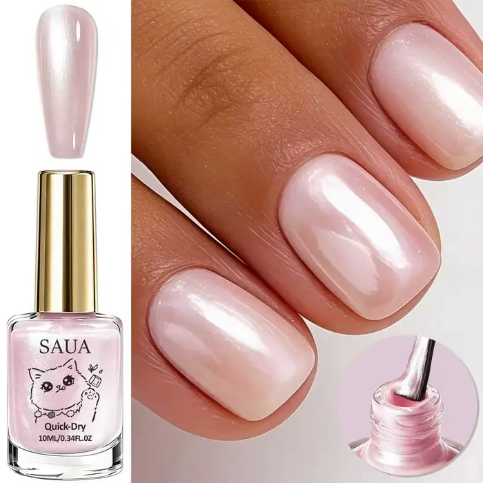 Vernis à ongles nacré rose ; séchage rapide, pas de lampe nécessaire, formule longue durée ; ajoute 